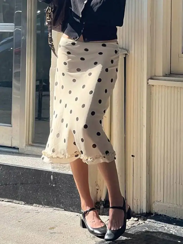 

Women S Fashion Polka Dot Trim Skirt Edible Tree Fungus Zipper Up Mesh Half Double Layers Holiday Bottoms