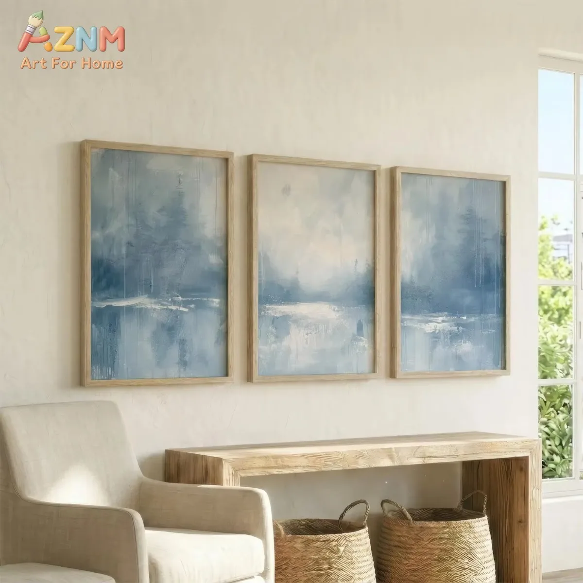 AZNM 3PCS Slate Blue and White Wall Art Coastal Abstract Poster Misty Forest Landscape Wall Decor Canvas Painting for Room Decor