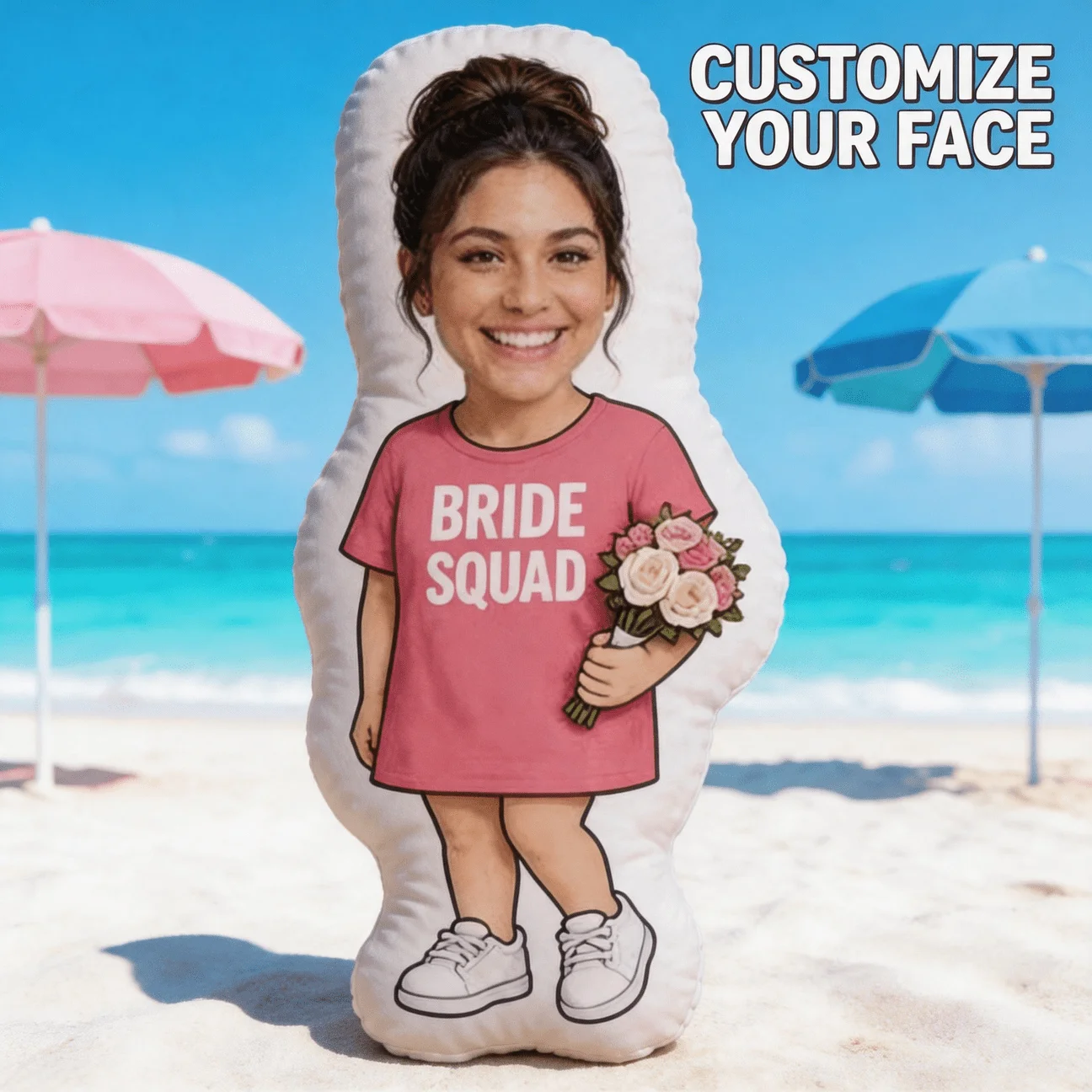 Custom Photo Bride Squad Shaped Pillow, Personalized Face Decorative Cushion with Bouquet & Pink Shirt, Fun Home Decor Accent fo
