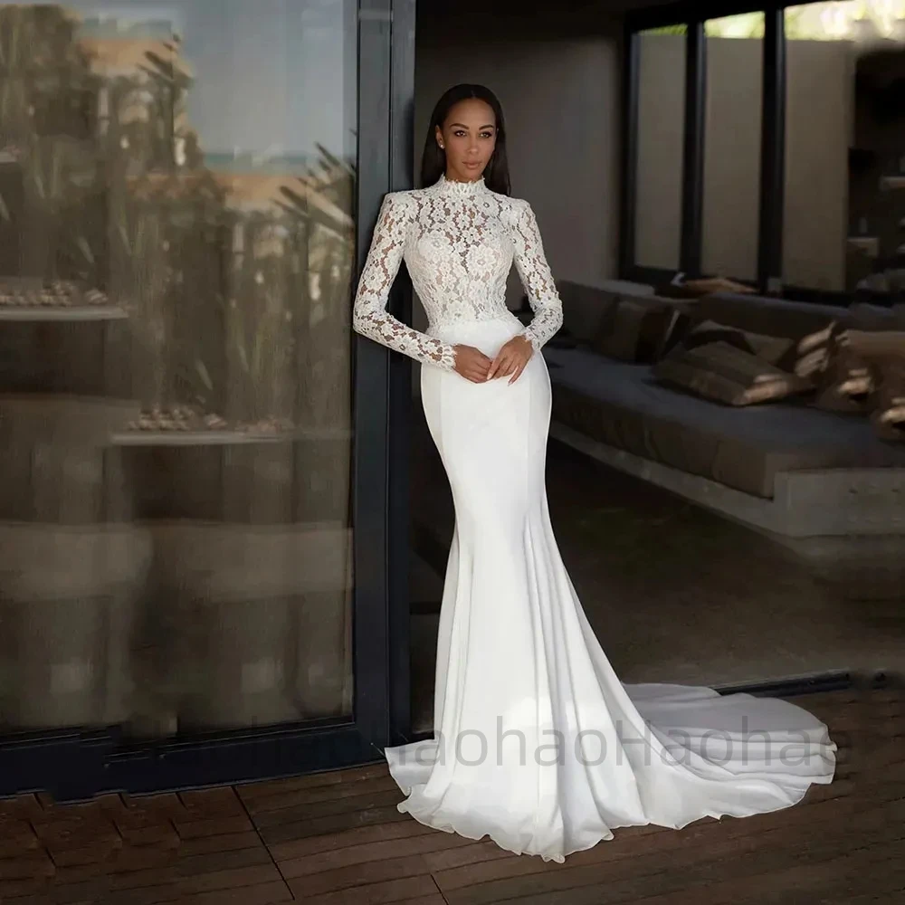 

Gorgeous Satin Lace Sweetheart Mopping Wedding Dresses Exquisite Long Sleeves Bridal Gowns Backless Appliques Sweep Train Beach