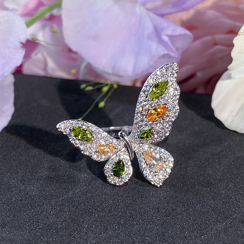 925 Sterling Silver Open Finger Ring Elegant Dazzling Butterfly Oval Green Yellow For Women Jewelry Gift Dropship Wholesale