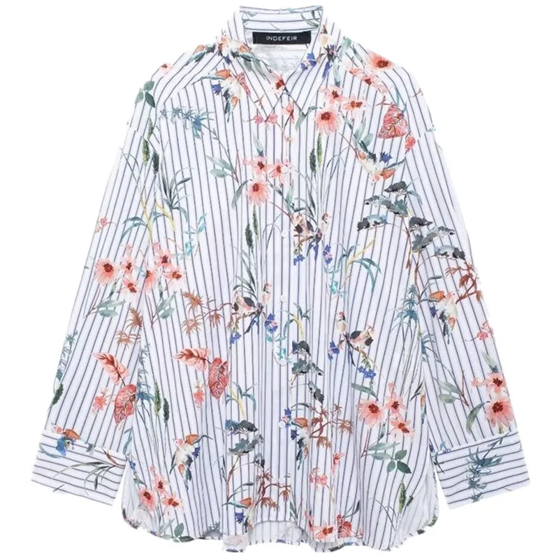 قميص نسائي جديد لخريف 2024 بطبعة حيوانات وخطوط حريرية بأكمام طويلة وياقة، تصميم عصري متعدد الاستخدامات وفضفاض بطول عادي #3