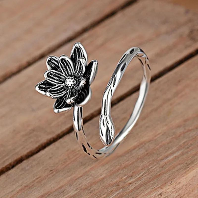 925 Sterling Silver Vintage Lotus Flower Ring for Women Boho Jewelry Gift Wedding Party Jewelry Gifts