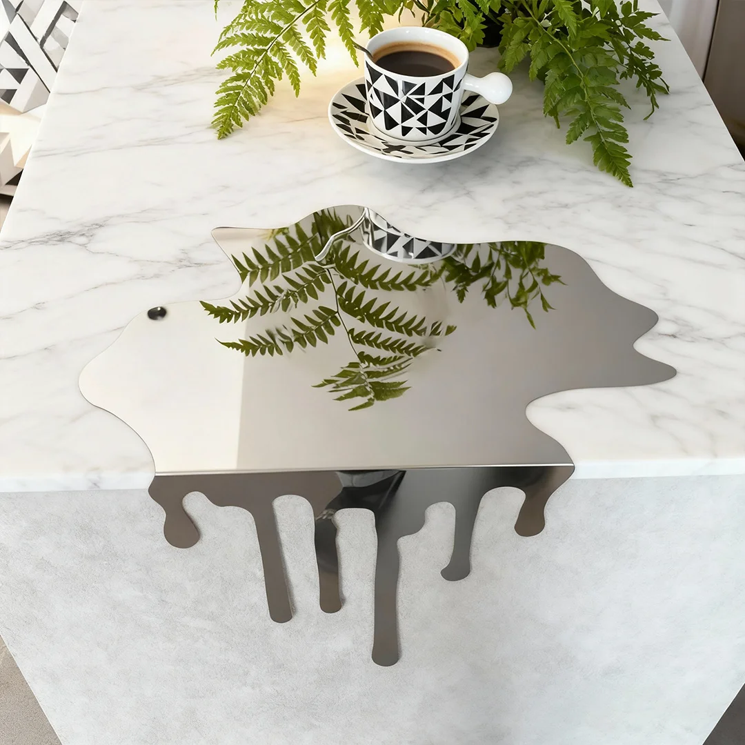 Minimalist Stainless Steel Water Droplet Coaster Reflective Surface Desktop Ornament Modern Flowing Design Home Tabletop Decorat
