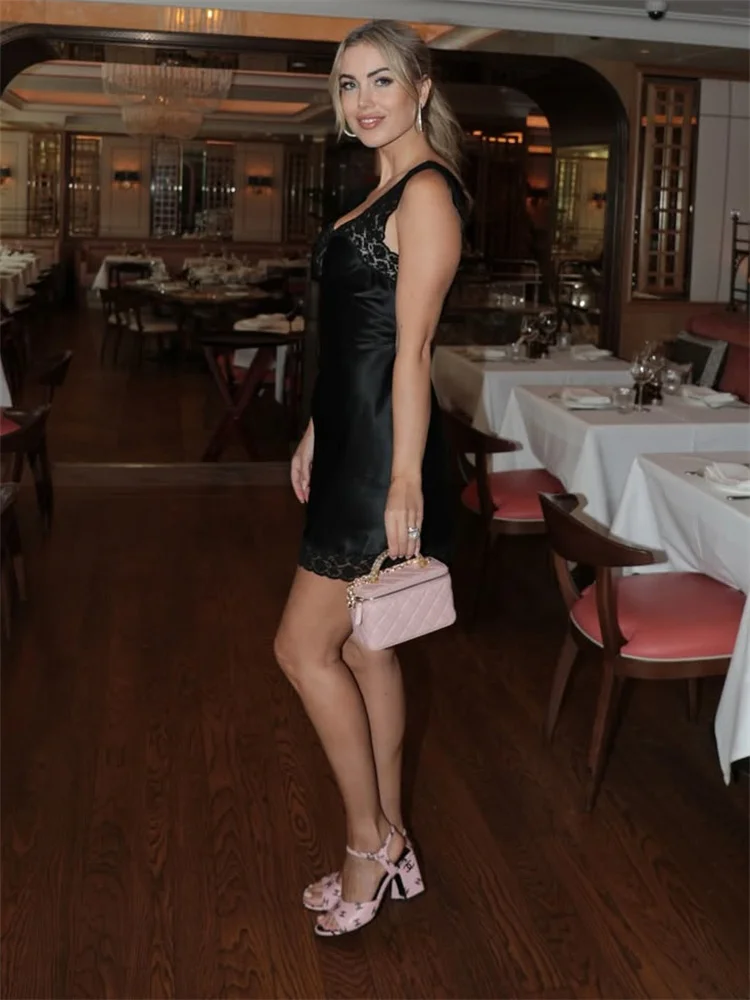 Tossy ブラックファッションサテンミニドレス女性のレースプリントパッチワークスリムエレガント通勤パーティードレス女性秋 2025 ドレス