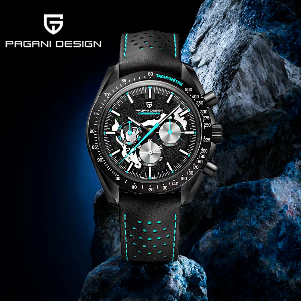 PAGANI DESIGN2026 new business men's quartz watch all black luminous stainless steel chronograph sapphire leather strap gift box