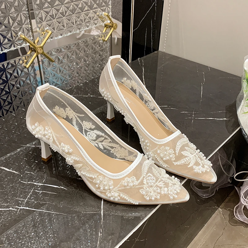 String Bead Mesh Embroider High Heels Women Sexy Pointed Toe Heeled Sandals Summer Elegant Luxury Designer Wedding Pumps Shoes