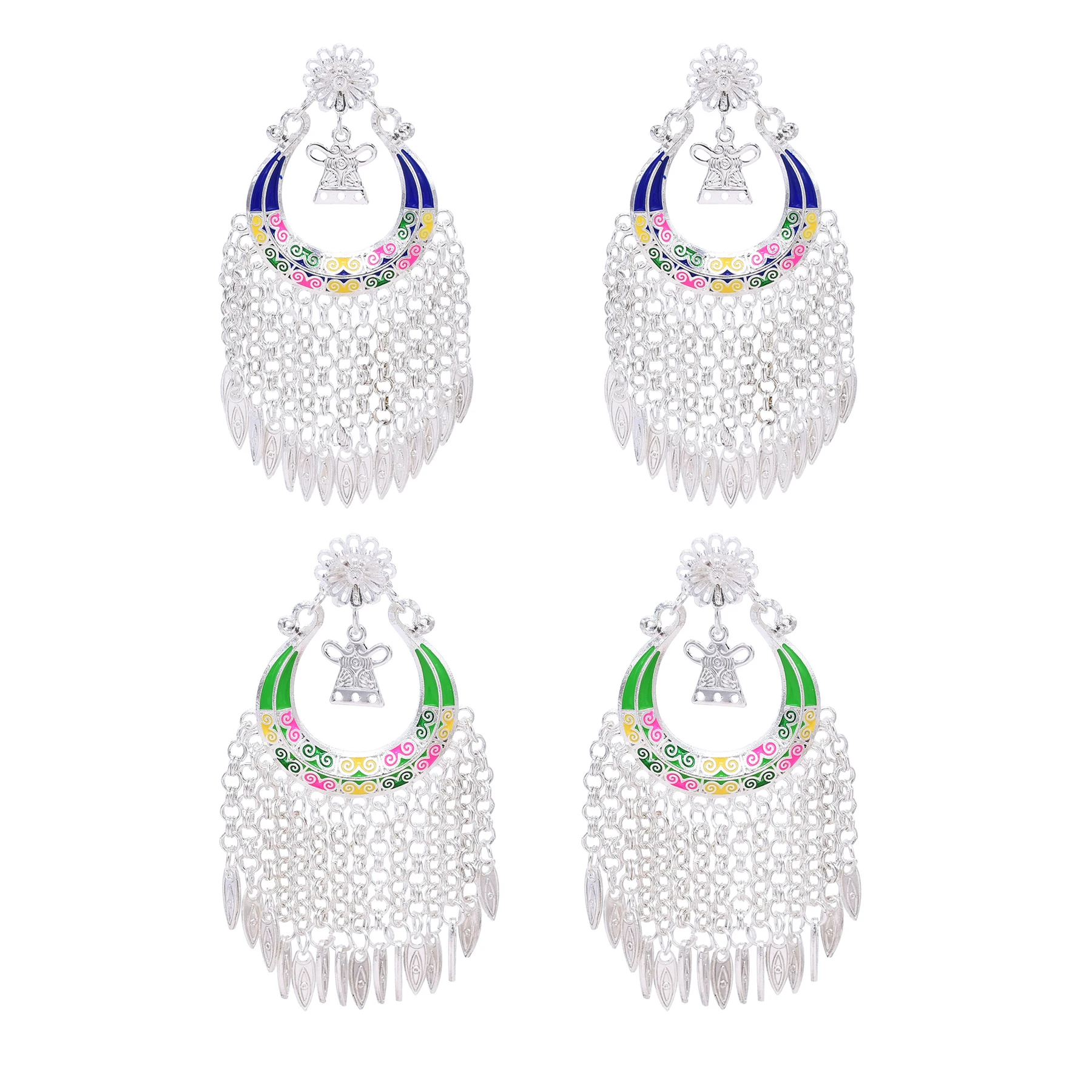 Retro Miao Ethnic Silvery Enamel Tassel Earrings for Women Colorful Drop Earrings Traditional Statement Tribal Festival Jewelry