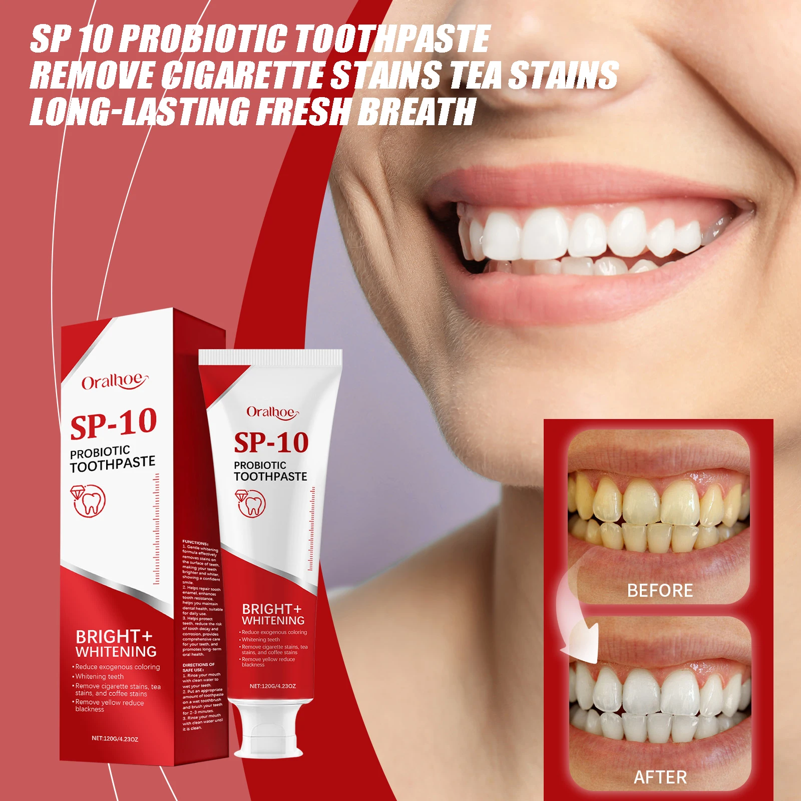 Sp 10 Probiotic Toothpaste Remove Cigarette Stains Tea Stains And Coffee Stains Long-Lasting Fresh Breath Oral Hygiene Care 120g