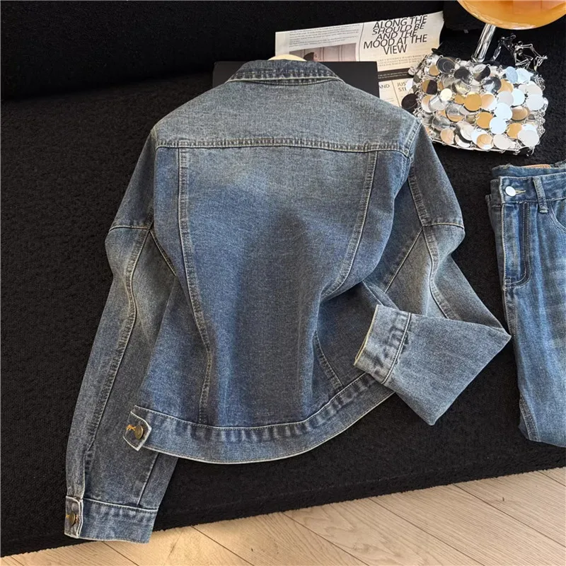 Autumn Vintage Letter Embroidery Denim Jacket Women Loose Korean Washed Blue Short Cowboy Coat Lapel Long Sleeve Jeans Jackets