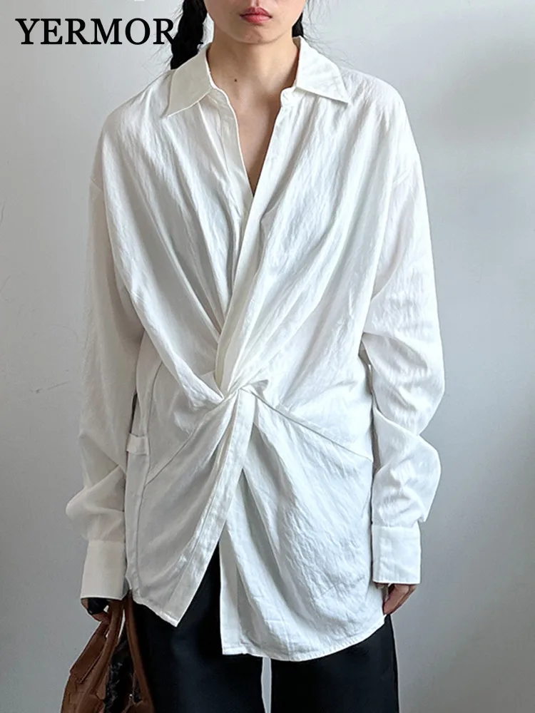 

YERMORA White Irregular Pleated Knot Casual Blouse For Women Lapel Long Sleeve Loose New Shirt Fashion Tide Spring Summer 2025