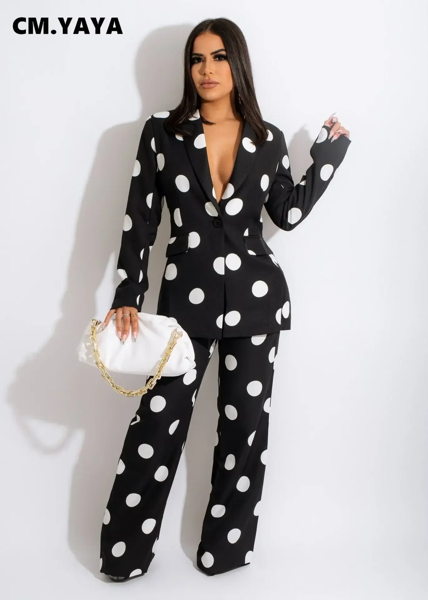 

Spring Winter Polka Dot Women Two 2Piece Set Outfit Single Breasted Blazer And Straight Pants Suit Office Lady Tracksuit