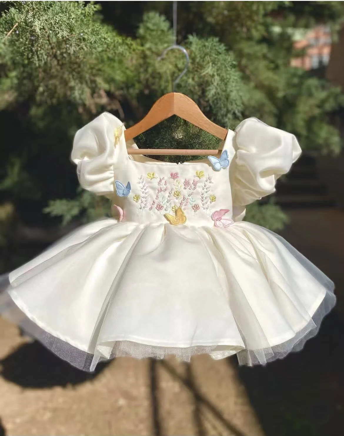 0-12Y Baby Girl Summer Beige Butterfly Embroidery Vintage Princess Dress for Birthday Photography Holiday Eid B563