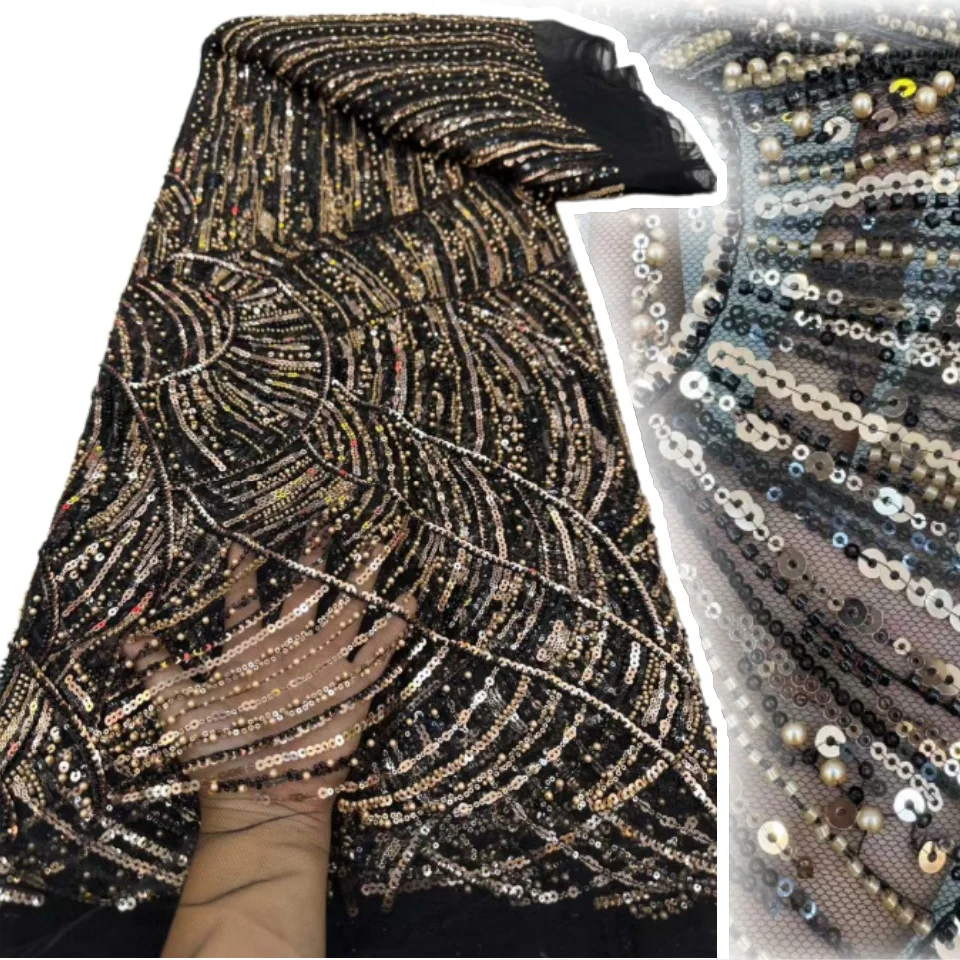 

Red African Tulle Lace Fabric 2025 French Net Sequins Fabric Sewing Embroidery with Beads Lace Tulle Mesh Nigeria Dresses SZ1536