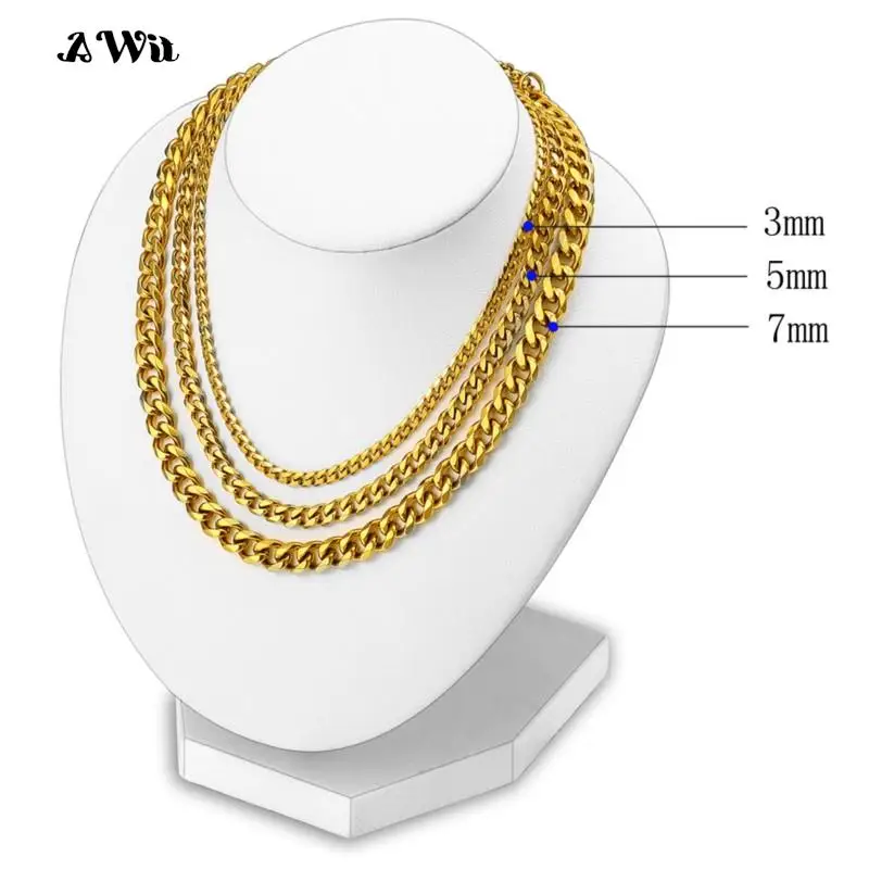 AWit Cuban Chain Necklace for Men Women, Basic Punk Stainless Steel Curb Link Chain Chokers,Vintage Gold Color Solid Metal Colla
