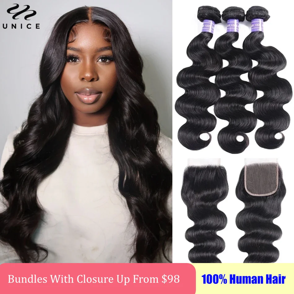 Unice Hair 3 Pcs Peruvian Body Wave Human Hair Bundles with Closure Hair Human Hair Weave Bundles with Closure 3+1 Remy Hair