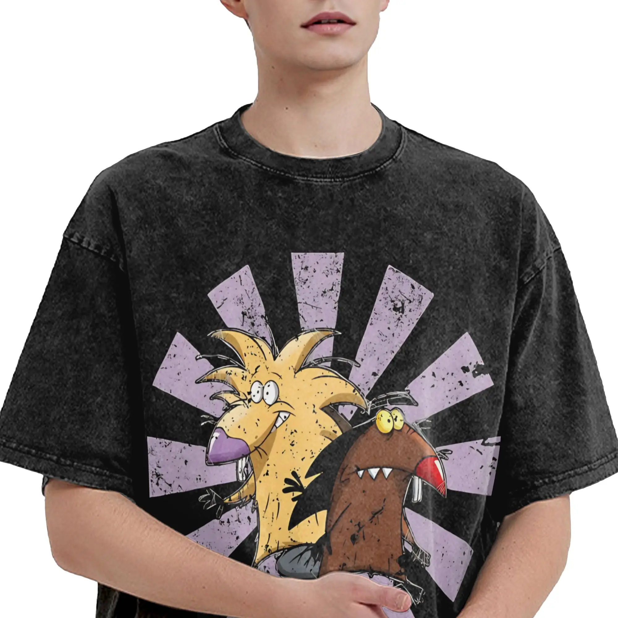 Harajuku Washed Shirts Angry Beavers Daggett & Norbert Feverish  Outfit Novelty T Shirt High Street  Streetwear Short Sleeve