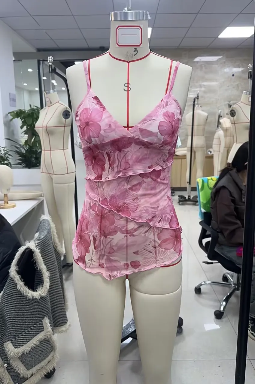 Women Summer Vintage y2k Aesthetic Crop Tops Floral Print Boho Sleeveless Spaghetti Strap Mesh See Through Coquette Tanks Camis image 2