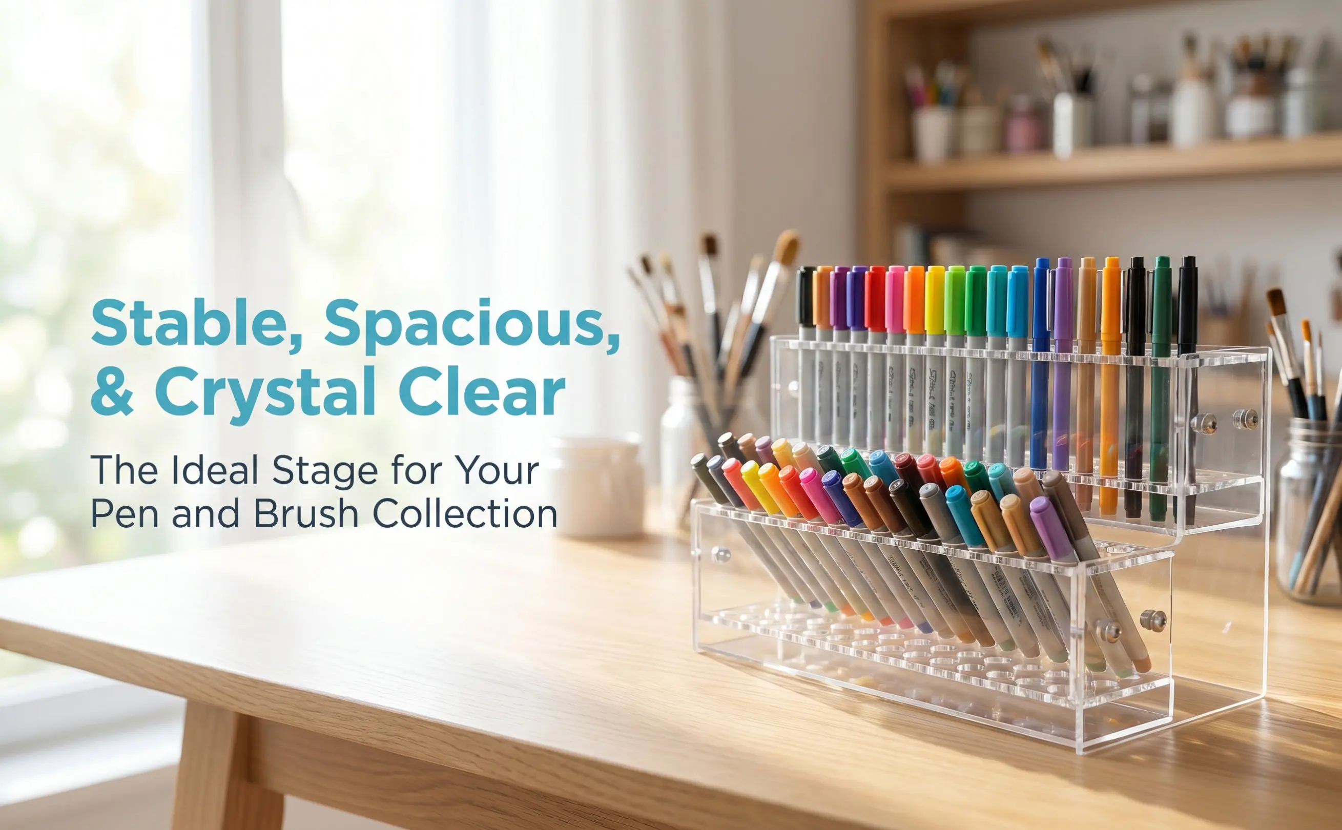 Acrylic Pen Display Stand Holder 96 Holes Double Layer Desktop Organizer for Markers Paint Brushes Ballpoint Pens Art Supplies