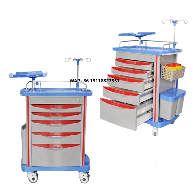 Hospital Abs Plastic Medicine Crash Cart Emergency Trolley Medical Emergency Cart Trolley with IV Pole