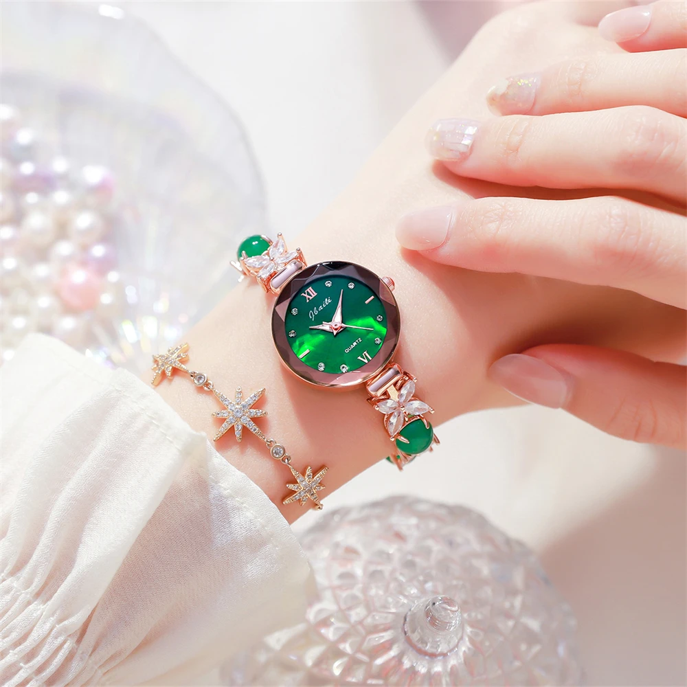 

Elegant temperament women's wristwatch flower shaped jade pearl strap luminous rhinestone circular dial quartz wristwatch