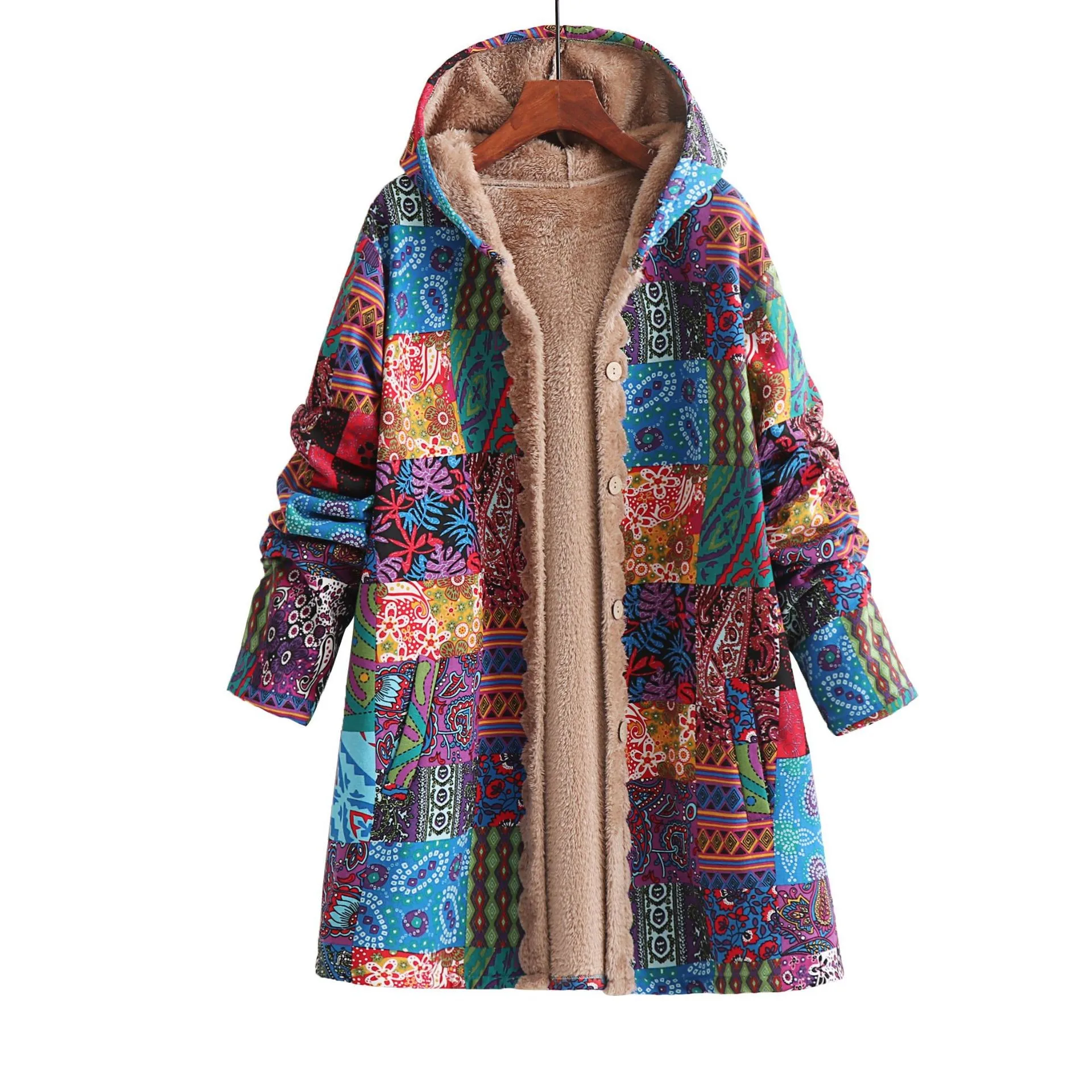 Button Hooded Coat a Line Retro with Regular Sleeve Ethnic Tribal Embossed Single Breasted Geometric Pattern Women Jacket