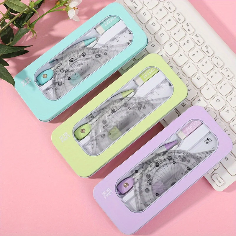 1 conjunto de ferramentas de medição e desenho 7 em 1 – adequado para estudantes, incluindo bússolas, transferidores, réguas e borrachas.