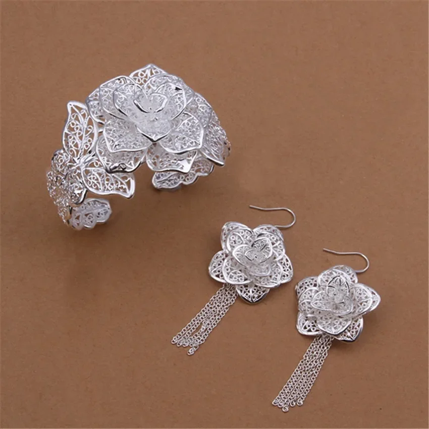 Hot 925 Sterling Silver beautiful big flower bangles bracelets earrings Jewelry set for women fashion party wedding Holiday gift