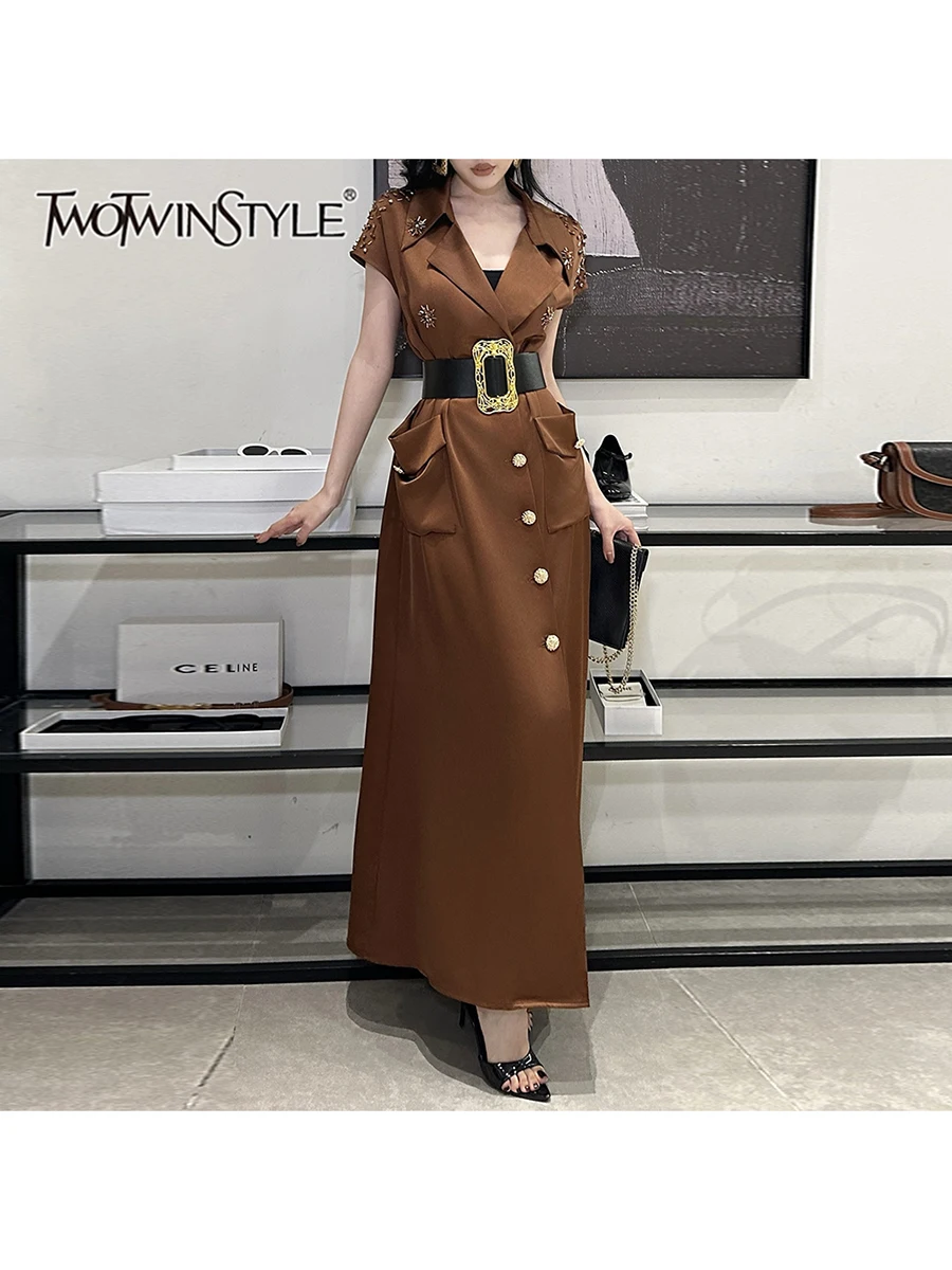 

TWOTWINSTYLE Solid Slimming Spliced Button Fashion Dresses for Women Lapel Short Sleeves Patchwork Pockets Dress Female Clothing