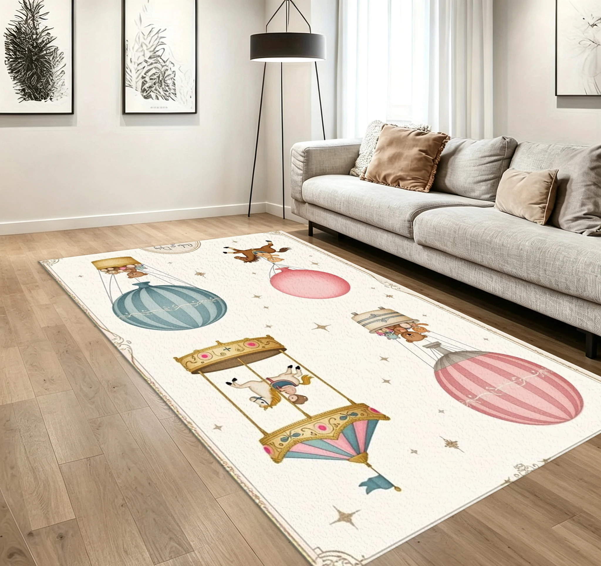 Vintage Carousel Hot Air Balloon Carpet Flooring Retro Bear Toy Merry‑Go‑Round Illustration Printed Floor Rug for Living Room Household Decor