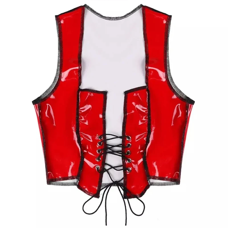 Diepe V-hals Rode Spiegel Glanzend Leer Crop Tops Strak Vest Trekkoord Vastbinden Jarretel Korset Hol Bustier Cropped Gothic