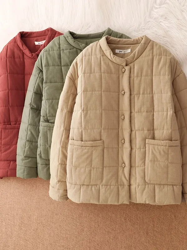 

Chinese Sle Collar Cotton Jaet Women's Winter Faion Loose Fit Warm Flax Cotton Coat with Button Long Sve round Ne