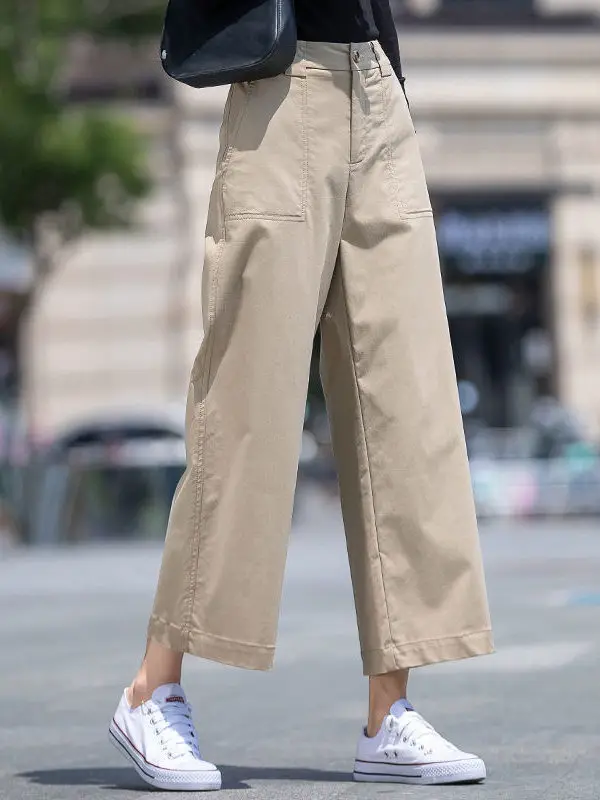 Women's Nine-Foot Wide Leg Pants Hidden Hip Casual Workwear Straight Tube Thin Cotton High Waist Commute Sle Asymmetric ...