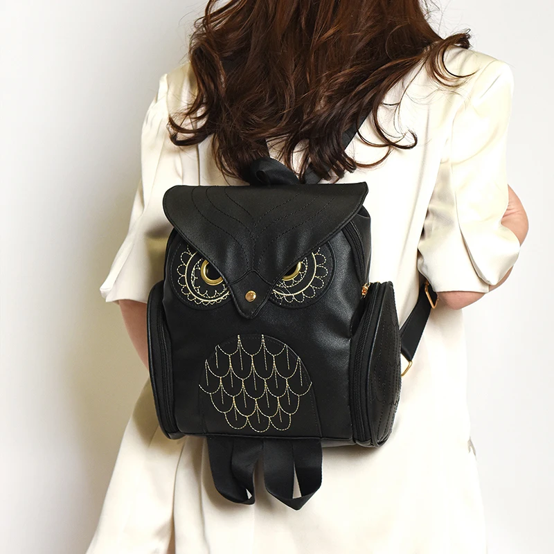 Women Backpack Stylish Cool Black PU Leather Owl Backpack Female Hot Sale Women Bag bagpack for girls