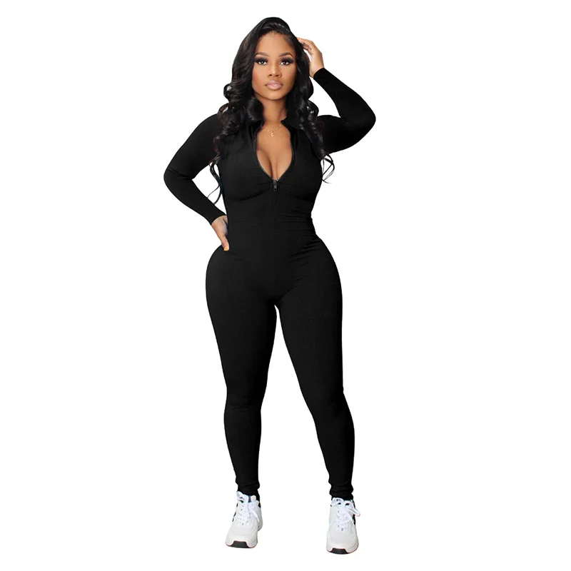 Women Solid Color Sports Jumpsuit 2023 Autumn Pit-stripe Fabric Slim Fit O Neck Zipper Splice Rompers Female Skinny Pencil Pants