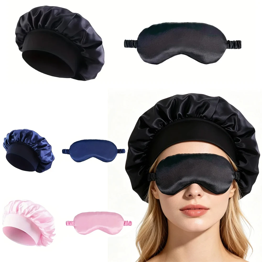  Satin Bonnet Sleep Eye Mask Set, Wide Elastic Band Silk Hair Bonnet, Soft Shading Eye Mask for Women Hair Care Night Sleeping