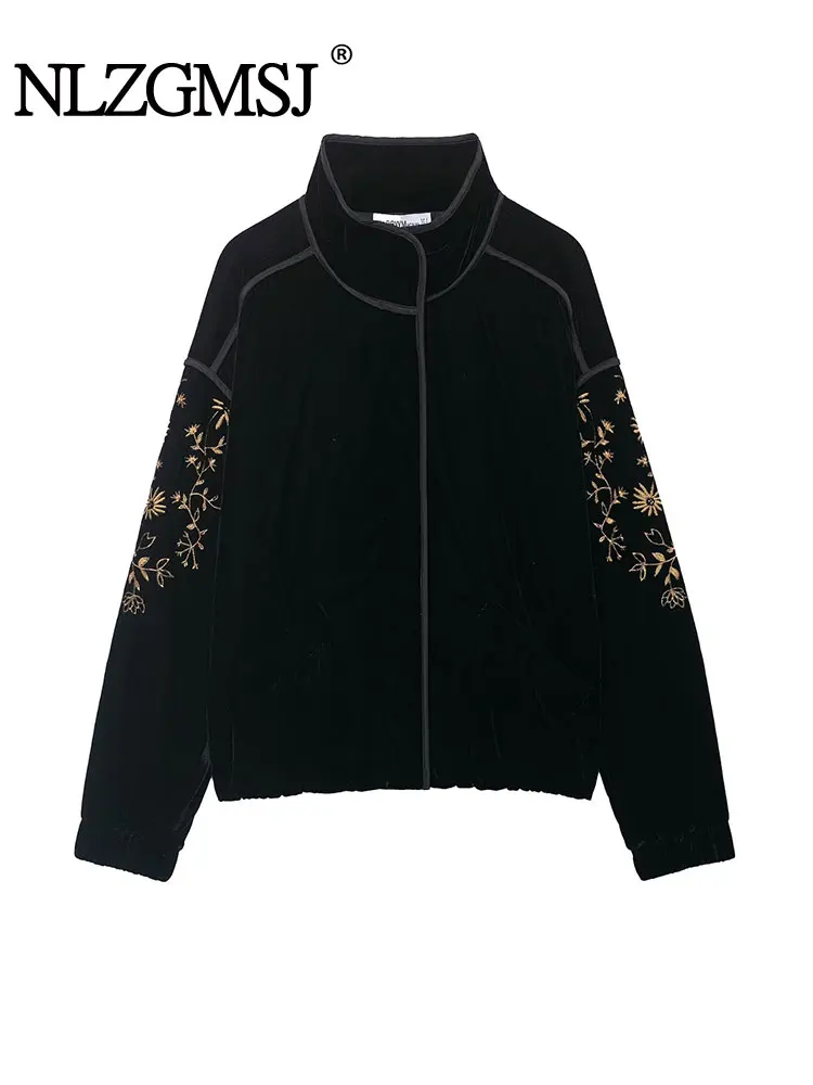

NLZGMSJ 2025 Autumn Women Embroidery Velvet Jacket New Solid Color Long Sleeves Zipper Short Coat Female Fashion Outerwears
