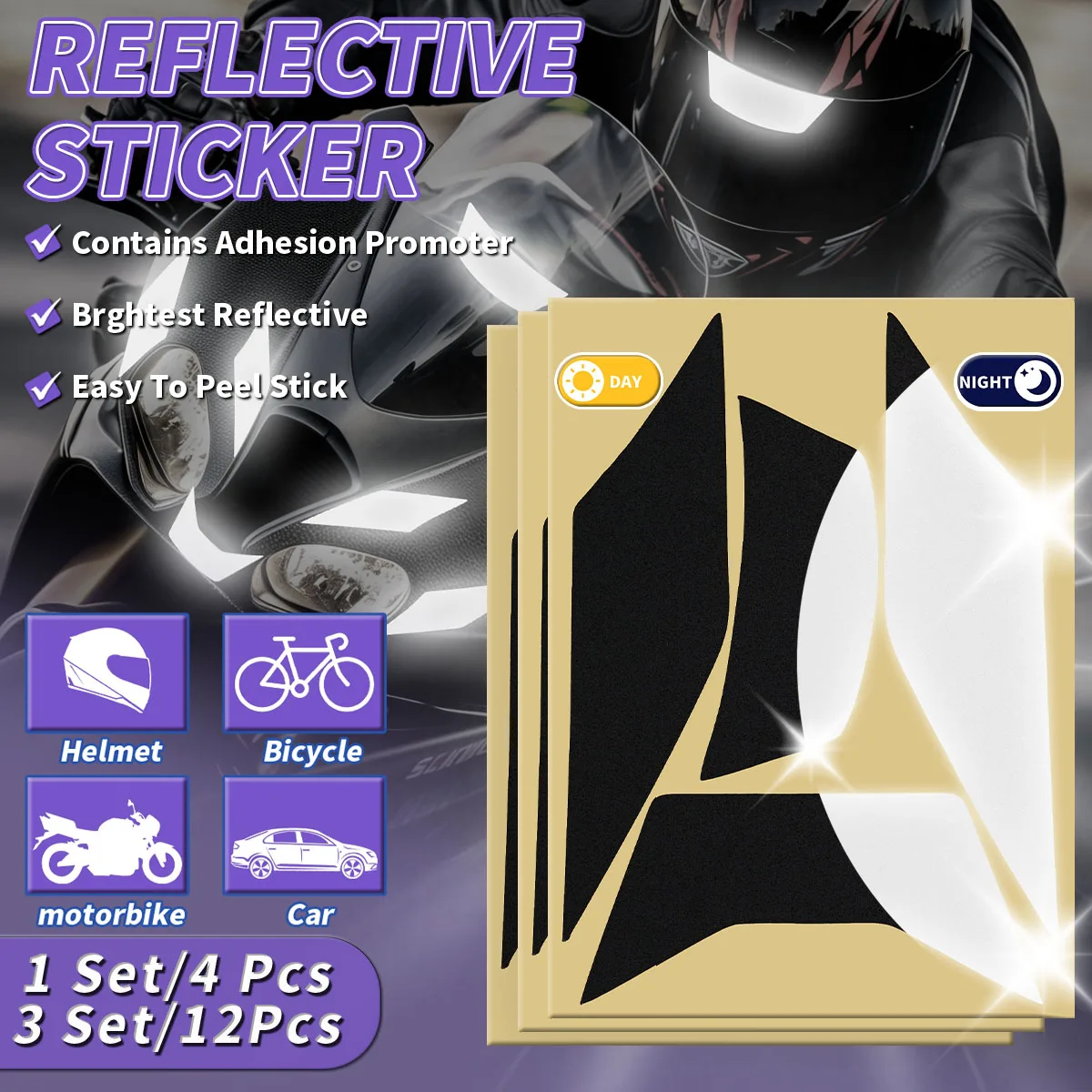 1/3 Set of Helmet Reflective Stickers Waterproof Self-Adhesive Black Car Motorcycle Night Safety Driving Reflective Decoration