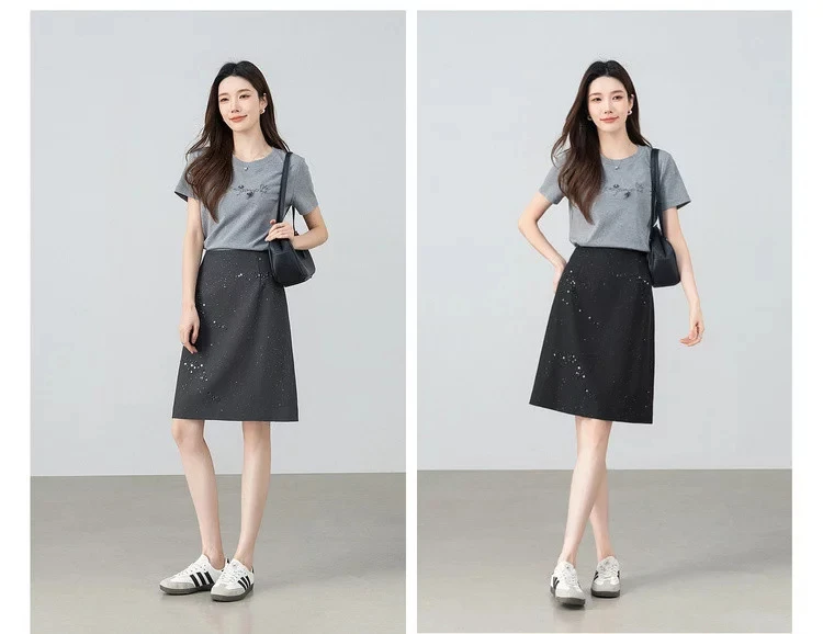 SENTUBILA Damen Schwarzer Gerader Rock 2026 Sommer Eleganter Modischer Perlenstickerei Silber Schimmernder Büro-Rock 162QF6640 – Detail 7