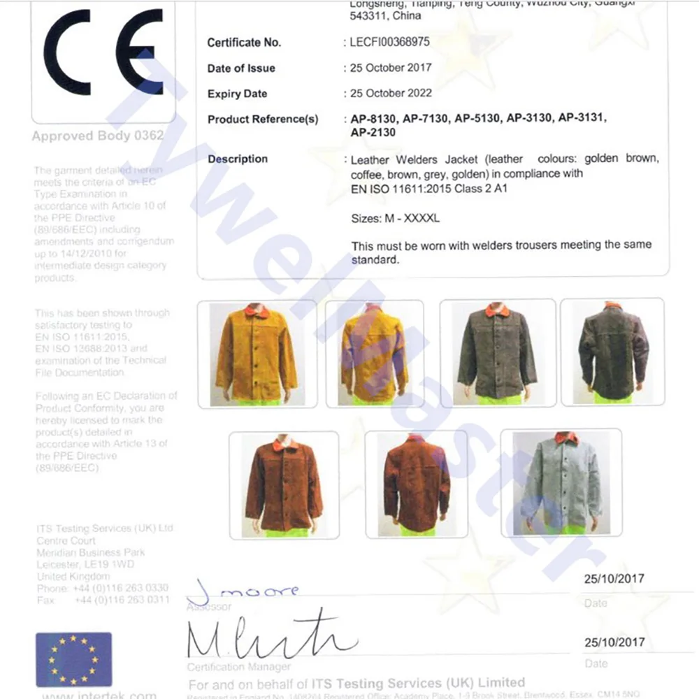 Professional Welding Jacket Split Cowhide Leather Flame Heat Abrasion Weld Arc Spark Resistant CE Working Clothes