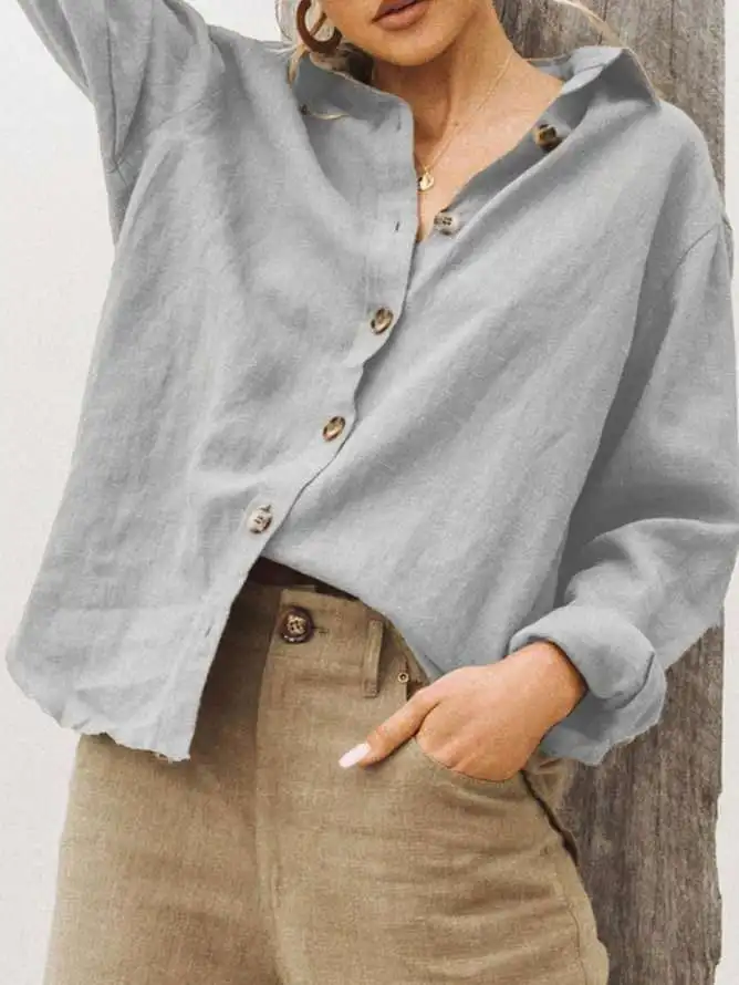 

Women's Retro Collar Long Sleeved Button Casual Loose V-neck Linen Elegant Irregular Spring Summer Solid Color Shirt Jacket