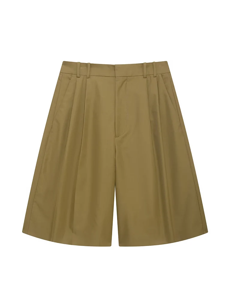 

KUCLUT Women Fashion Green Pleated Front Zipper Mini Shorts Vintage High Waist Female Chic Lady Shorts