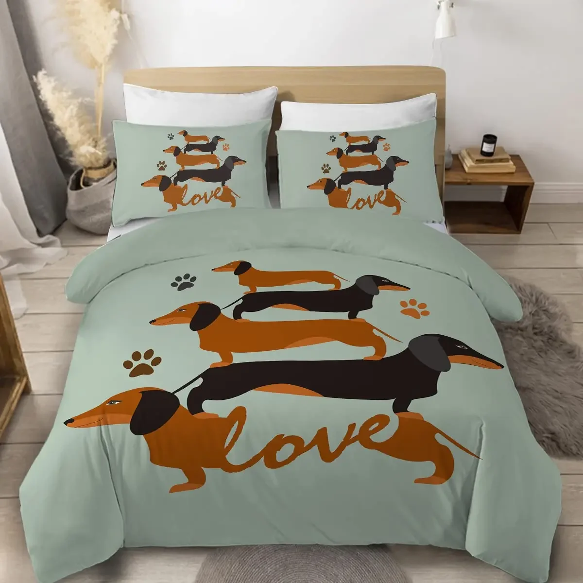 Dachshund Sausage Duvet Cover Set Cartoon Puppy Dog Bedding Set Toddler Weiner Dog Comforter Cover Dachshund Dog Bedspread Cover