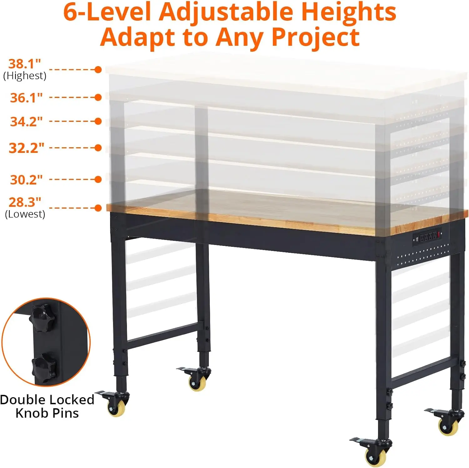 Adjustable Height Worktable for Garage, Rubber Wood Top Workbench, Heavy Duty Workstation