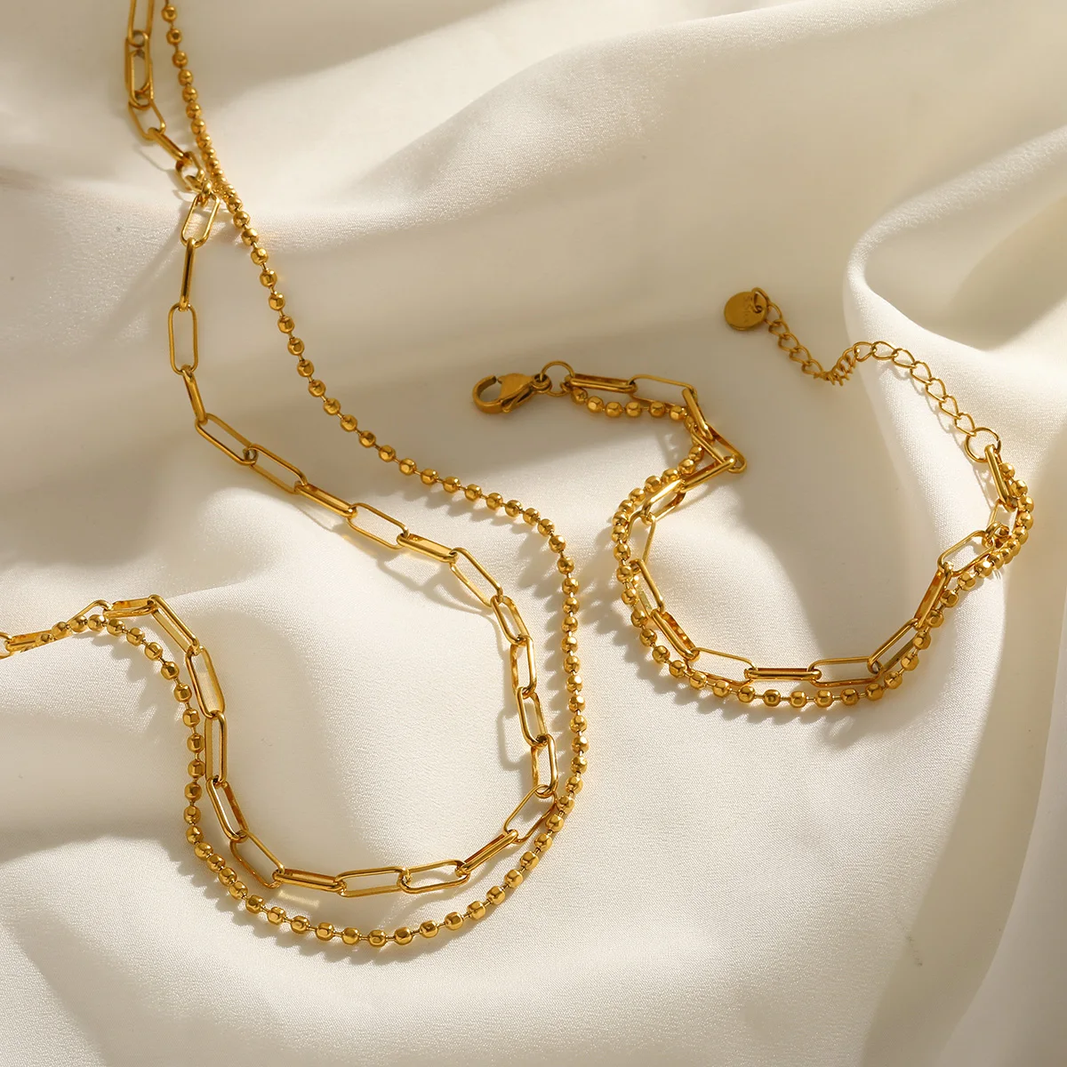 

Unisex Classic Style Geometric Dainty Jewelry Sets 304 Stainless Steel Gold Color Double Layer Chains Fashion Bracelet Necklace