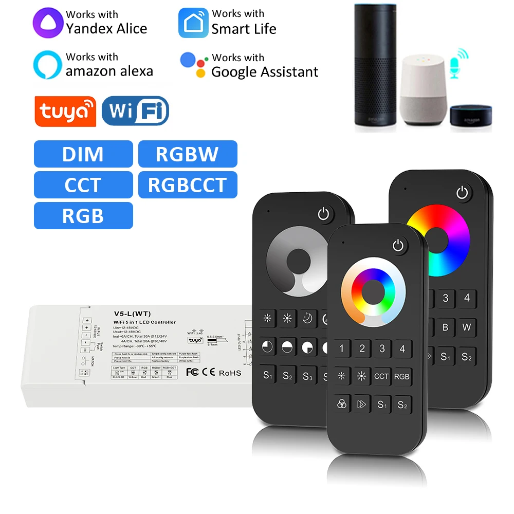 Tuya Wifi LED Controller 5 in 1 12V 24V 48V 2.4G RF Remote Smart Life APP Control Single Color CCT RGB RGBW RGBCCT Strip Light