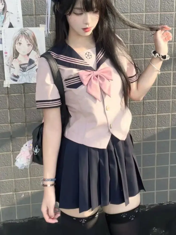 Uniforme de Marinheiro Rosa Estilo Básico para Meninas, Conjunto de Saia Plissada Sakura, Moda Escolar para Estudantes