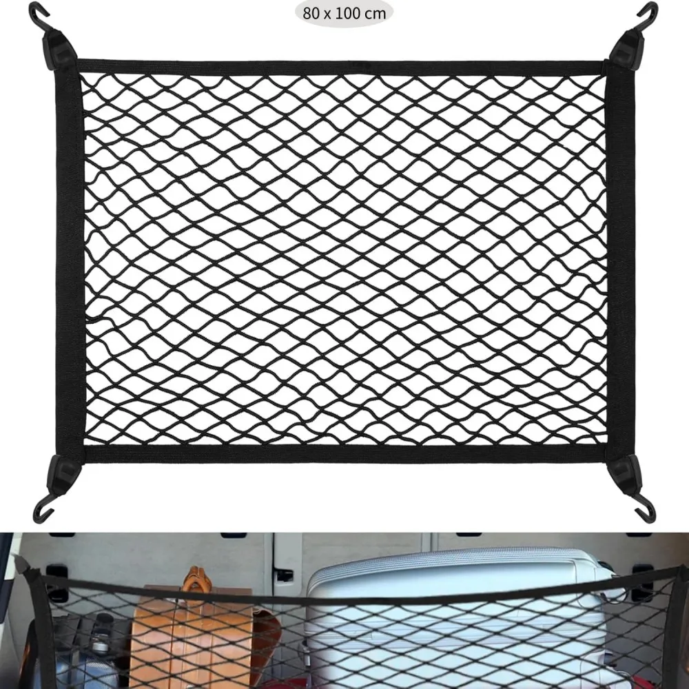 

100x80cm Universal Nylon Mesh Organizer Net For RV Camper Adjustable Large Elastic Car Boot Net With 4 Hooks & 4 Ratchet Straps