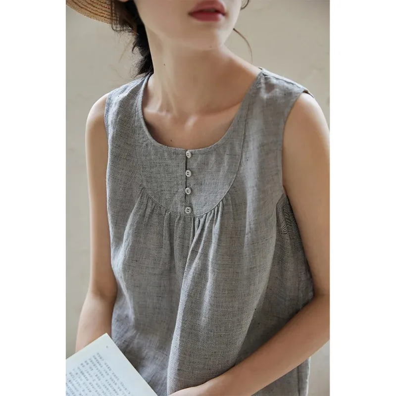 Women's Round Neck Linen Blend Sleeveless Blouse with Button Placket Casual Loose Fit  Top