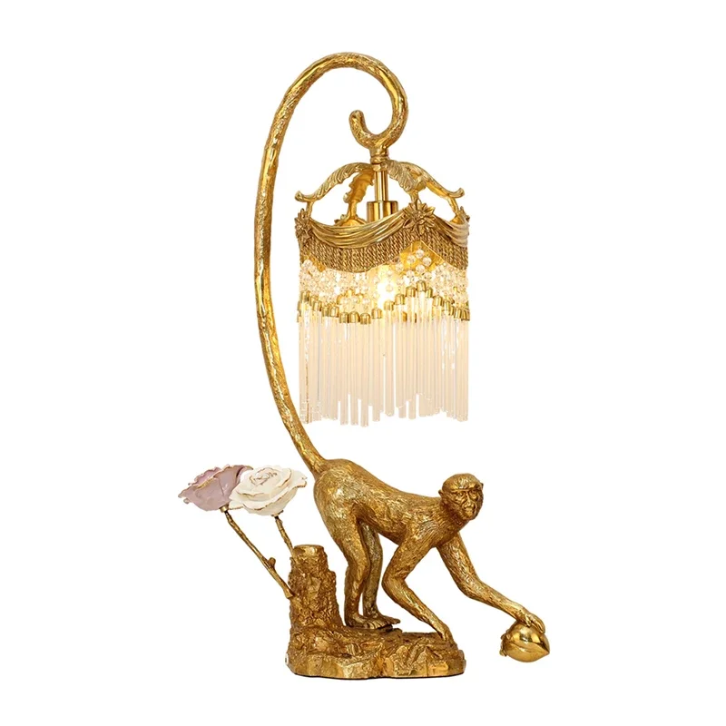 Creative Design Animal Element Crystal Lampshade Table Light Living Room Bedroom Antique Brass Monkey Table Lamp